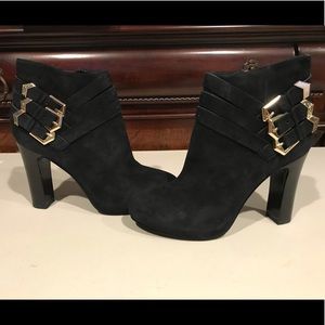 Guess Black suede booties with gold buckles Size 7